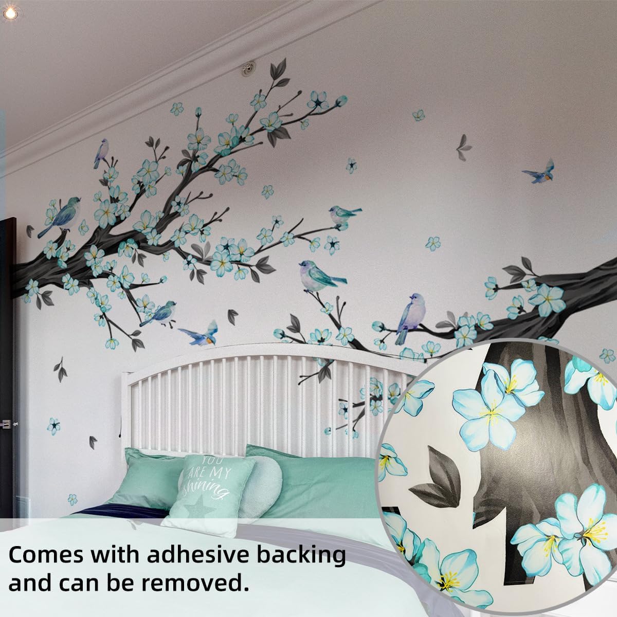 Large Blue Cherry Blossom Branch Wall Decals Flower Bird Blue Floral Tree Branch Wall Stickers for Living Room Bedroom, 76.37x65.35 inches