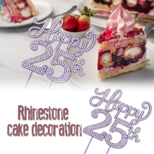 Happy 25th Birthday Purple Rhinestone Cake Topper - 25th Birthday/Anniversary,Cheers to 25 Years Old Bday Party Metal Sparkly Centerpieces Decorations.