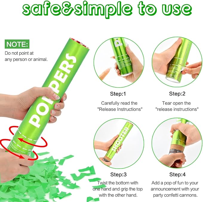 Confetti Cannon 12Pack Green Party Popper Shooters 12 Inch Confftti Poppers for Wedding Birthday Graduation Baby Shower Party Celebrations Supply Launches 20-25ft