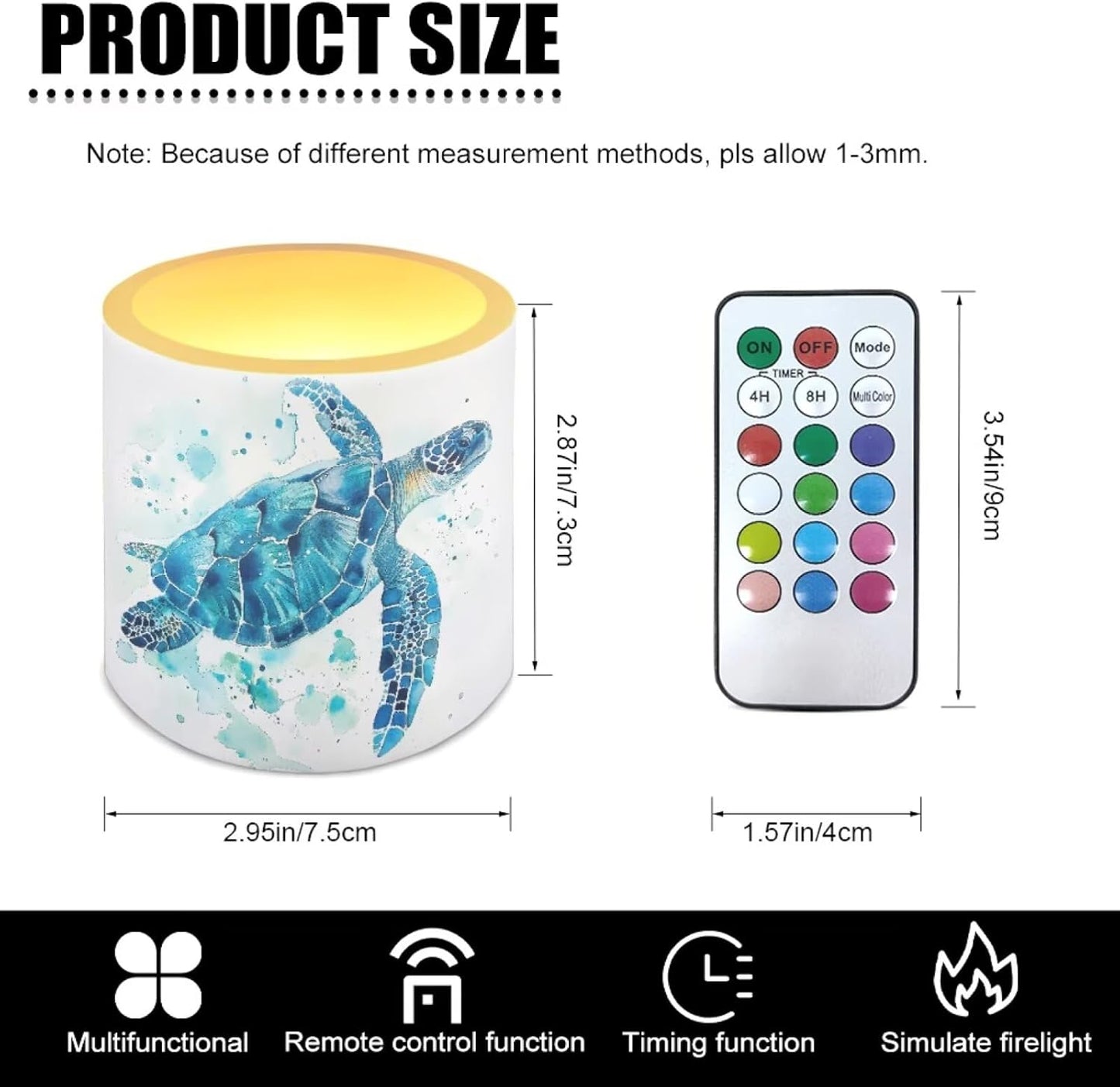 Poceacles LED Flameless Candles Set of 4 Multi-Color Battery-Powered Candles with Remote and Timer, Tea Light for Weddings Parties Decorations, Watercolor Sea Turtle Blue White