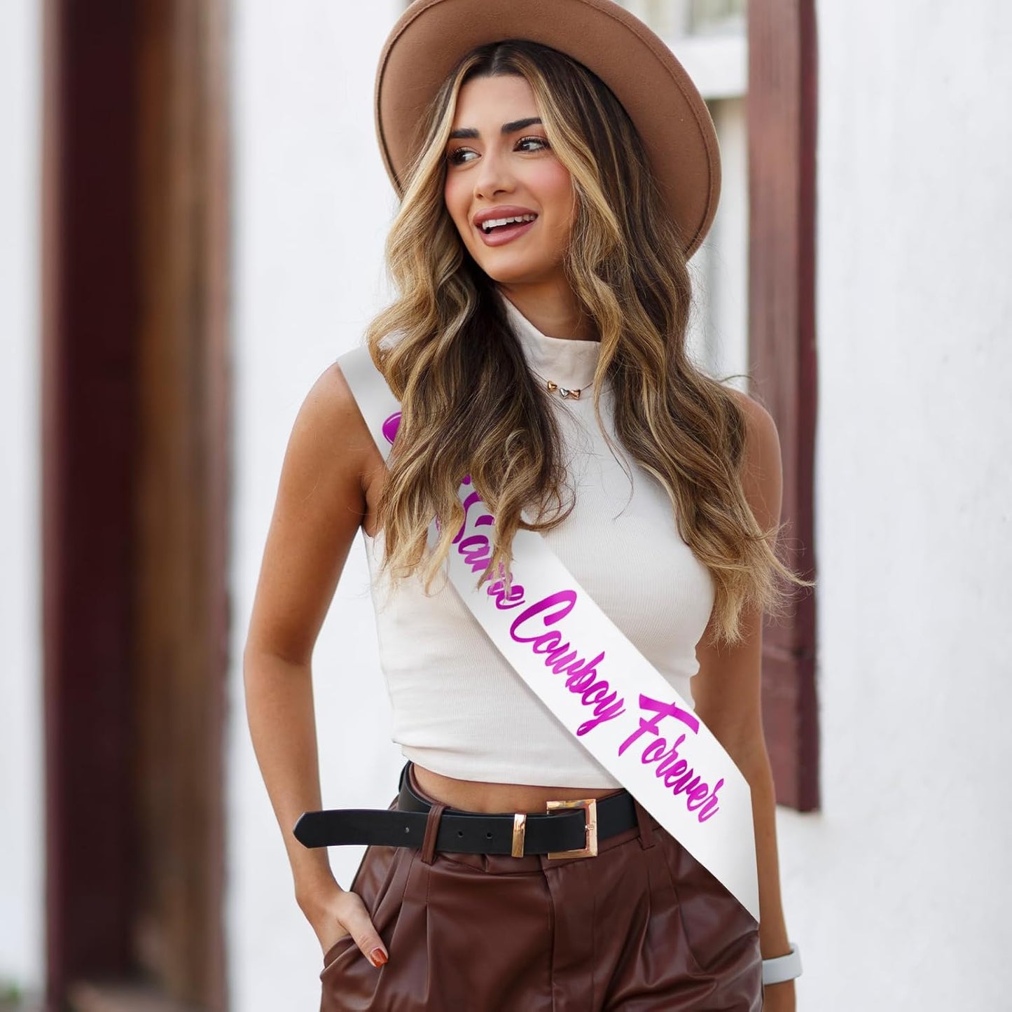 Same Cowboy Forever Sash with Purple Foil, White Funny Bride to be Sash for Western Cowgirl Bridal Shower Bachelorette Party Decorations, Last Rodeo, Getting Hitched, Country Theme Nash Bash Sash