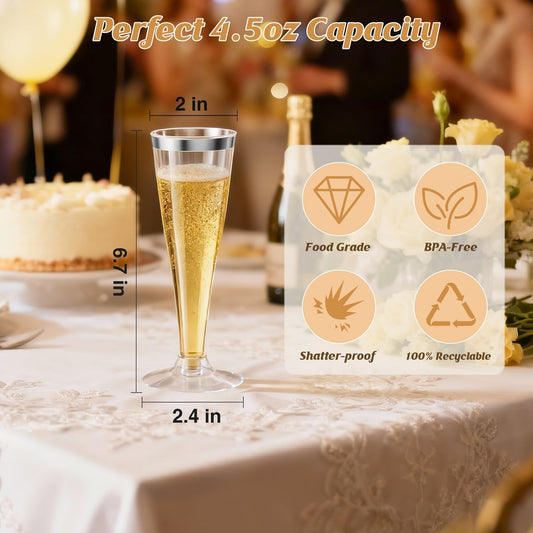 100 Pack Silver Rim Champagne Flutes Plastic Wine Glasses Disposable, 4.5 Oz Clear Silver Rim Mimosa Glasses for 2025 Engagement Wedding Birthday New Years Eve Xmas Party Supplies, Bulk Cocktail Cups