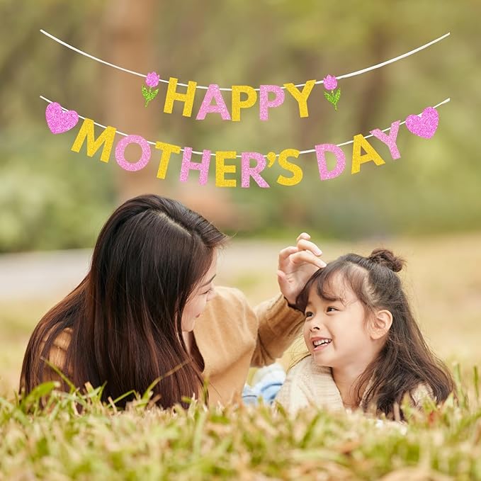 Happy Mother's Day Banner Set Decoration for Mother's Day Party Decorations Backdrop Garland for Mom Mother's Day Glitter Garland Photo Props (Pink Tulip Heart)