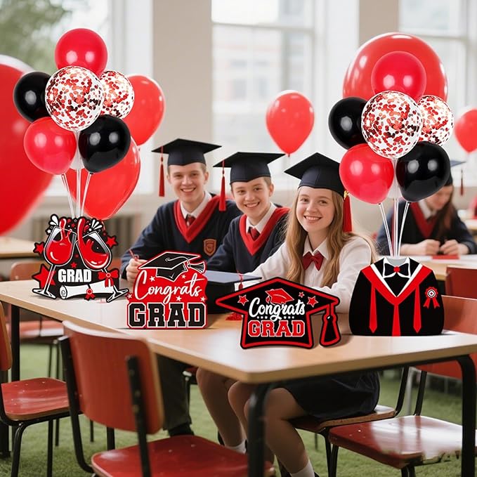 6 Sets Black Red Graduation Balloon Stand Kit for Table Decorations Class of 2025 Congrats Grad Table Centerpiece Grad Prom Themed Decoration for Grad School & College Ceremonies Party Supplies