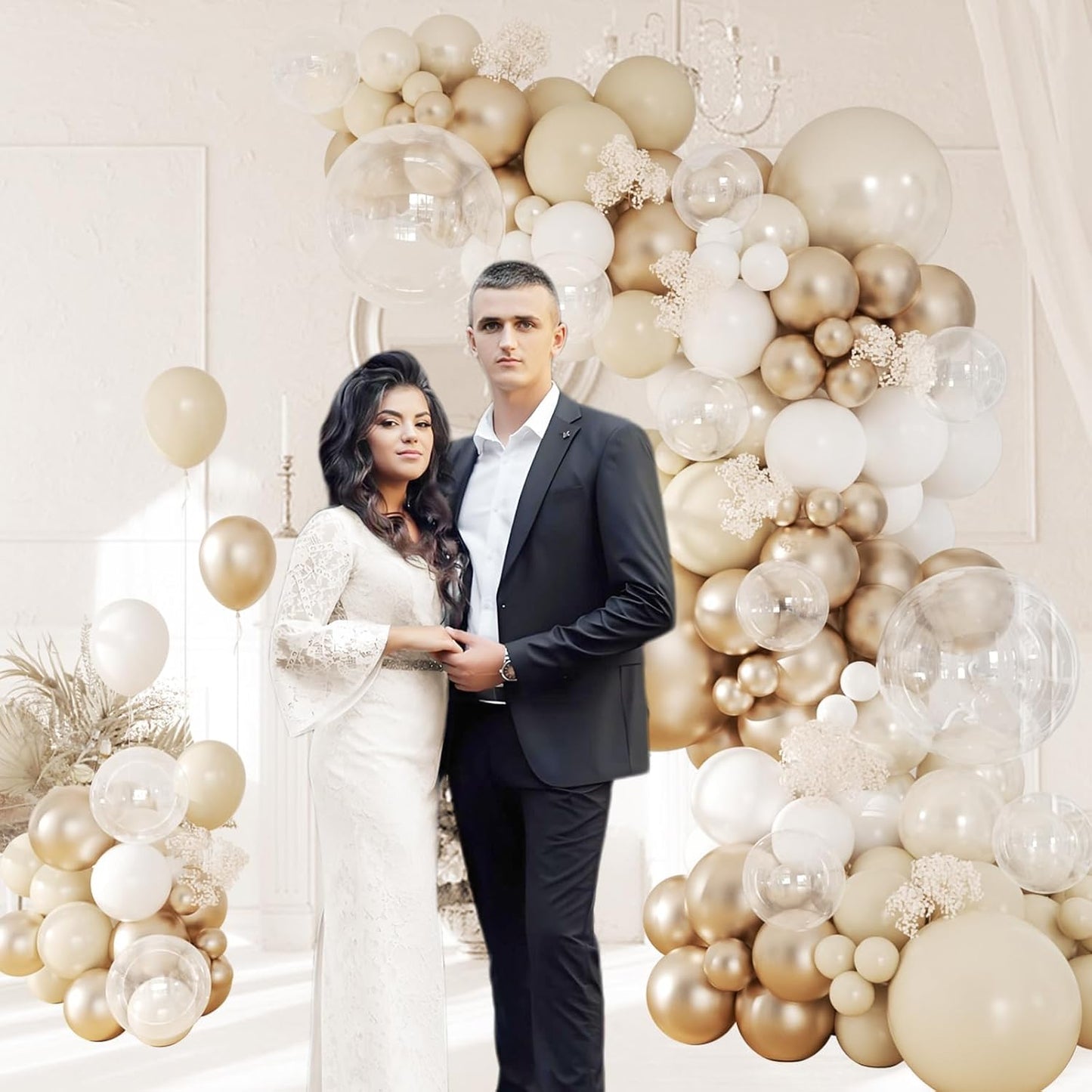 Beige Champagne Balloon Garland Arch Kit, Metallic Gold Sand Pearl White Clear Champagne Balloons for Engagement Bridal Baby Shower Wedding Anniversary Birthday Party Decorations