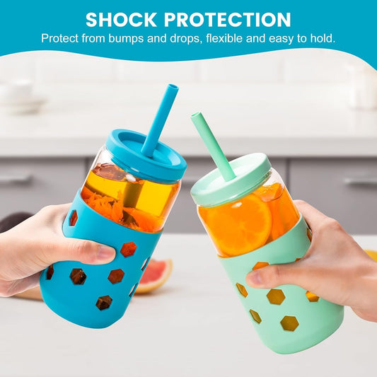 Glass Cups with Silicone Lids and Straws (4 Pcs), 16oz Drinking Glasses Set with Silicone Sleeves for Coffee Bar Accessories Iced Coffee Cups with Lids, Glass Tumbler Reusable for Gifts