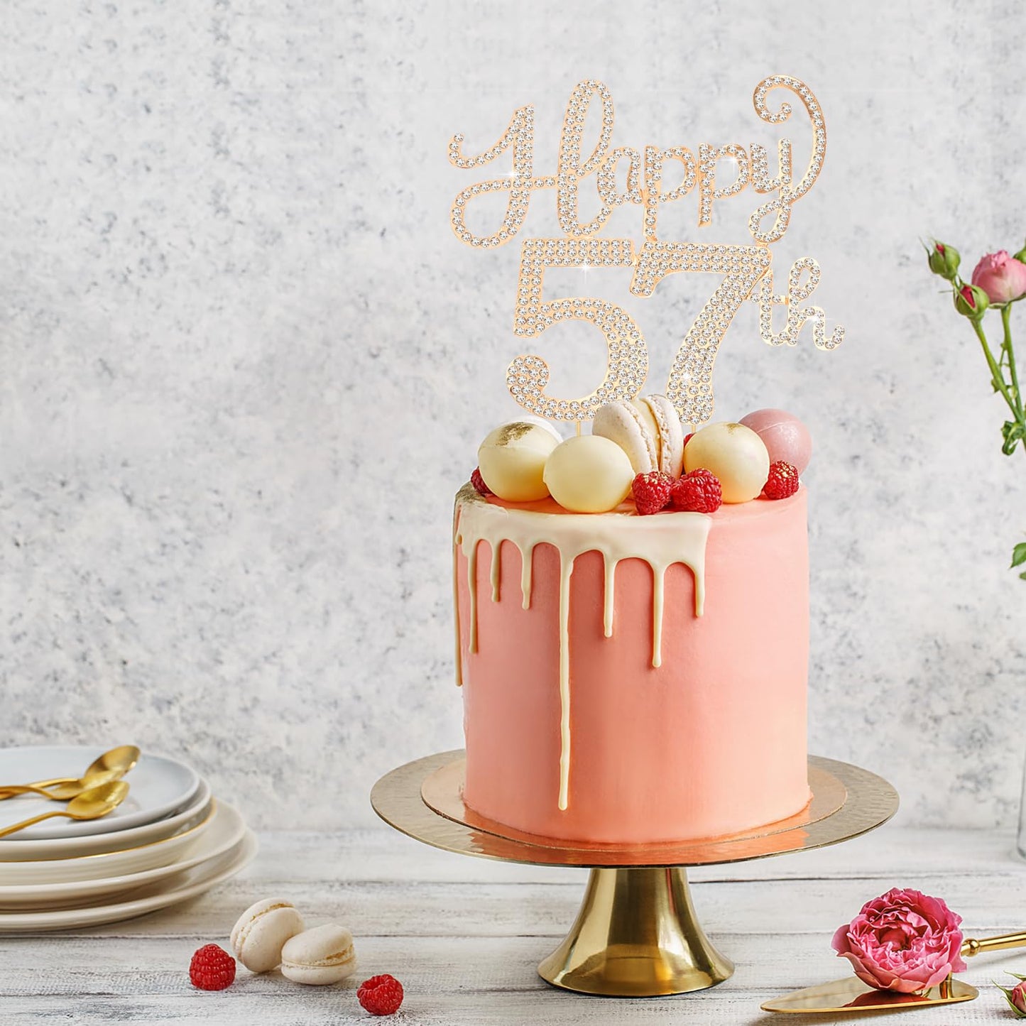 Happy 57th Birthday Decorations,57th Birthday Gold Rhinestone Cake Topper - Cheers to 57 Years Old Bday Party Metal Sparkly Cake Centerpieces Sign.