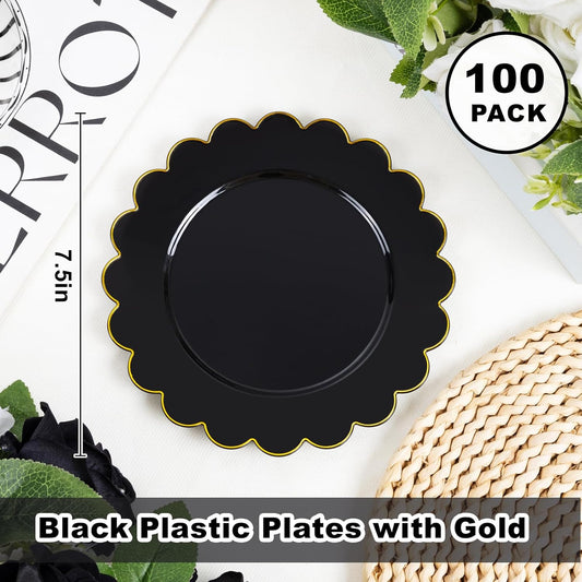 LIYH 100 Pcs Black Plastic Scalloped Plates - Disposable Dessert Plates with Elegant Gold Rim Cake Plate Disposable for Salad Parties Cass Reunions Wedding