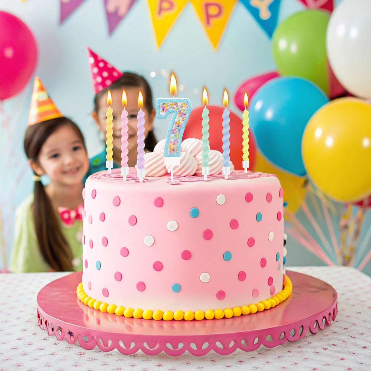 MTLEE Number 7 Birthday Candle Macaron Glitter 3D Number Candle with 12 Pcs Rainbow Spiral Candles in Holders for Girl Boy Cake Topper Wedding Anniversary Pastel Sweet Theme Party Decoration
