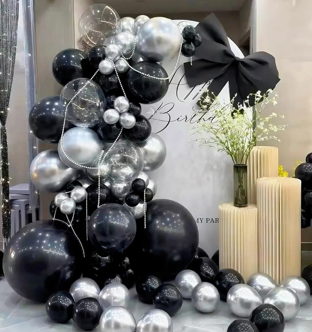 AZOWA 24 Inch Black and Silver Balloon 10 Large Latex Balloons for Party Wedding Birthday Baby Shower Decoration (Black and Silver, 10 Pcs)