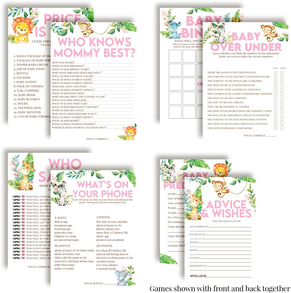 Amanda Creation Baby Shower Games 8 Game Set Watercolor Jungle Animals Girl 80 Double-Sided Cards for 20 Guests. Baby Shower Bingo, Baby Predictions & Activities for Guests. Theme for Girl