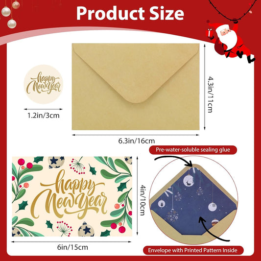 New Year Cards with Envelopes, 36 Pack 4x6in Happy New Year Greeting Cards, Gold Foil Holiday Card with Stickers, 6 Assorted Design