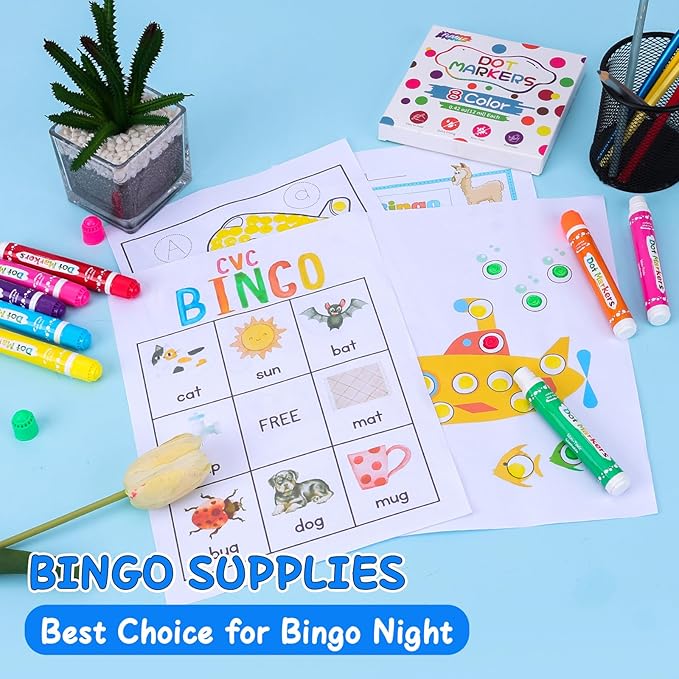 FUMILE 120 Pcs Dot Markers Bulk, 8 Colors Bingo Daubers Bulk for Toddlers,Washable Bingo Markers,Bingo Supplies,Dot Paint for Painting Supplies Drawing Coloring and Art Crafts(15 Boxs)