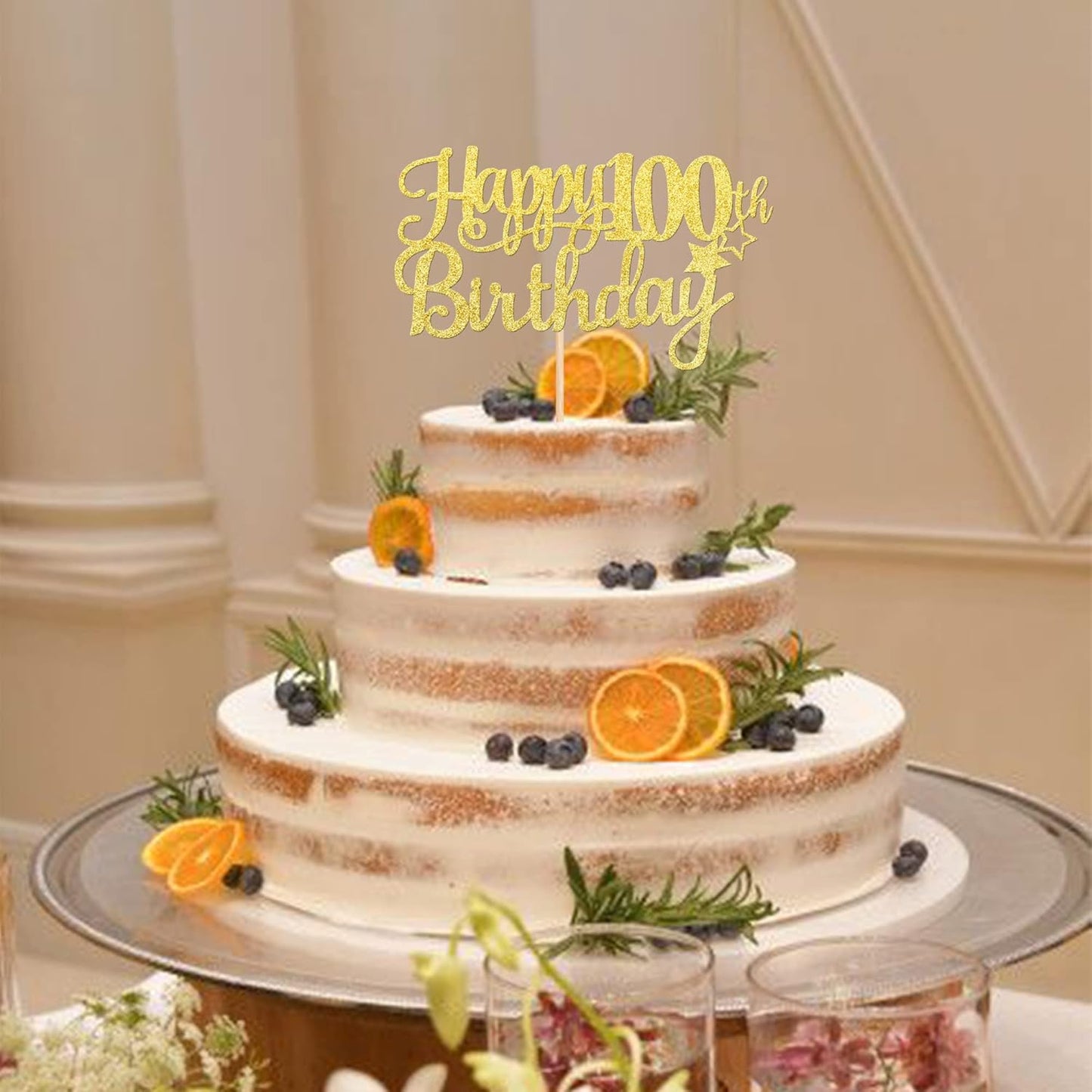 1 PCS Happy 100th Birthday Cake Topper - Gold Glitter Cheers to 100 Years - Fabulous Cake Decoration for 100th Birthday Theme Party