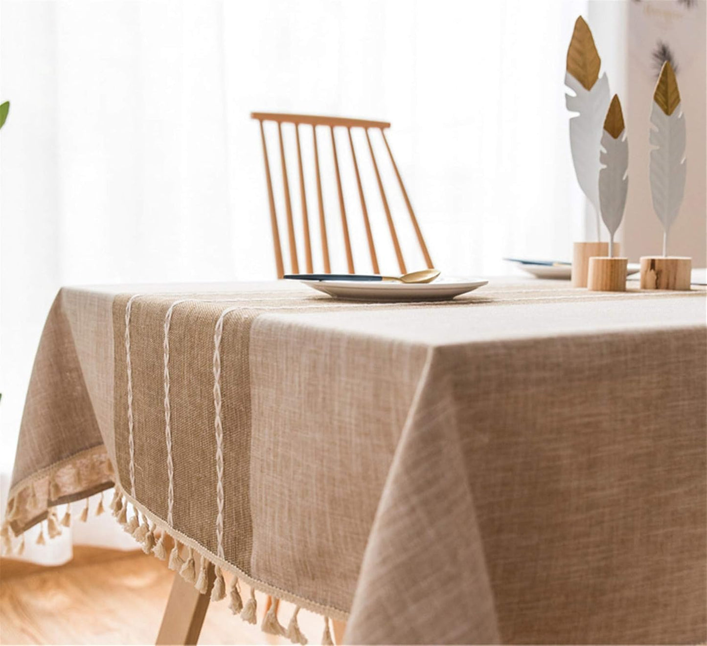 Cotton Linen Tablecloth, Tassel Stitching Table Cloth, Wrinkle Free Farmhouse Table Cover for Kitchen Dining, Party, Holiday (Rectangle, 55''x120'', 10-12 Seats, Beige)