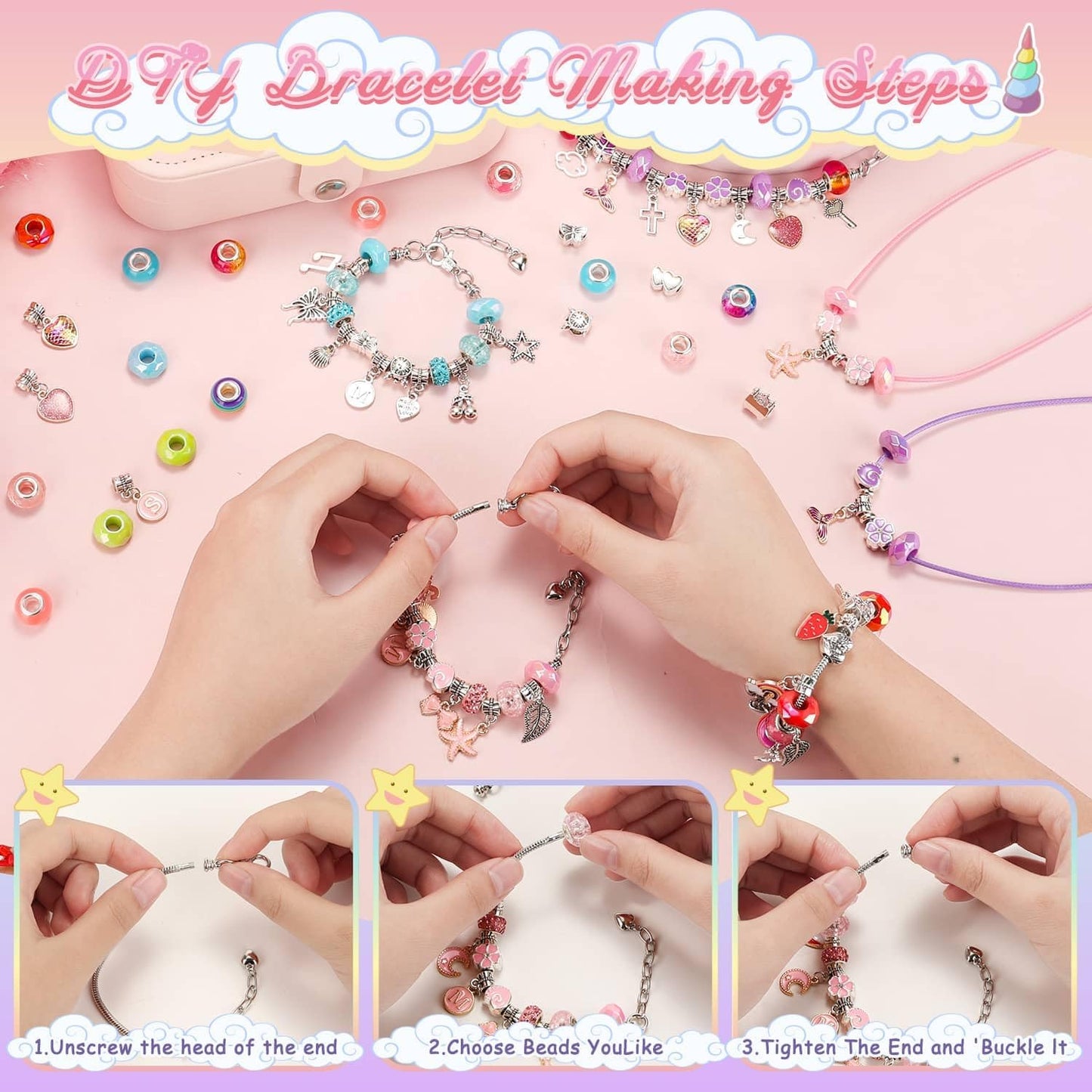 Billbotk Charm Bracelet Making Set with Jewelry Case Charm Pendant Bracelet Kit DIY Jewelry Making Art & Craft for Birthday Gifts Valentine Christmas