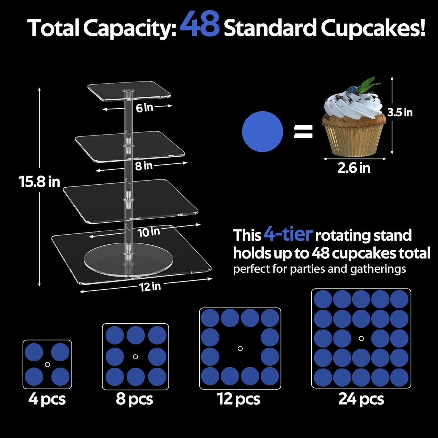 4-Tier Rotating Cupcake Stand, Clear Acrylic 360° Spinning Dessert Display Tower for Cakes & Pastries, Serving Stand for Weddings, Birthdays, Parties - Square
