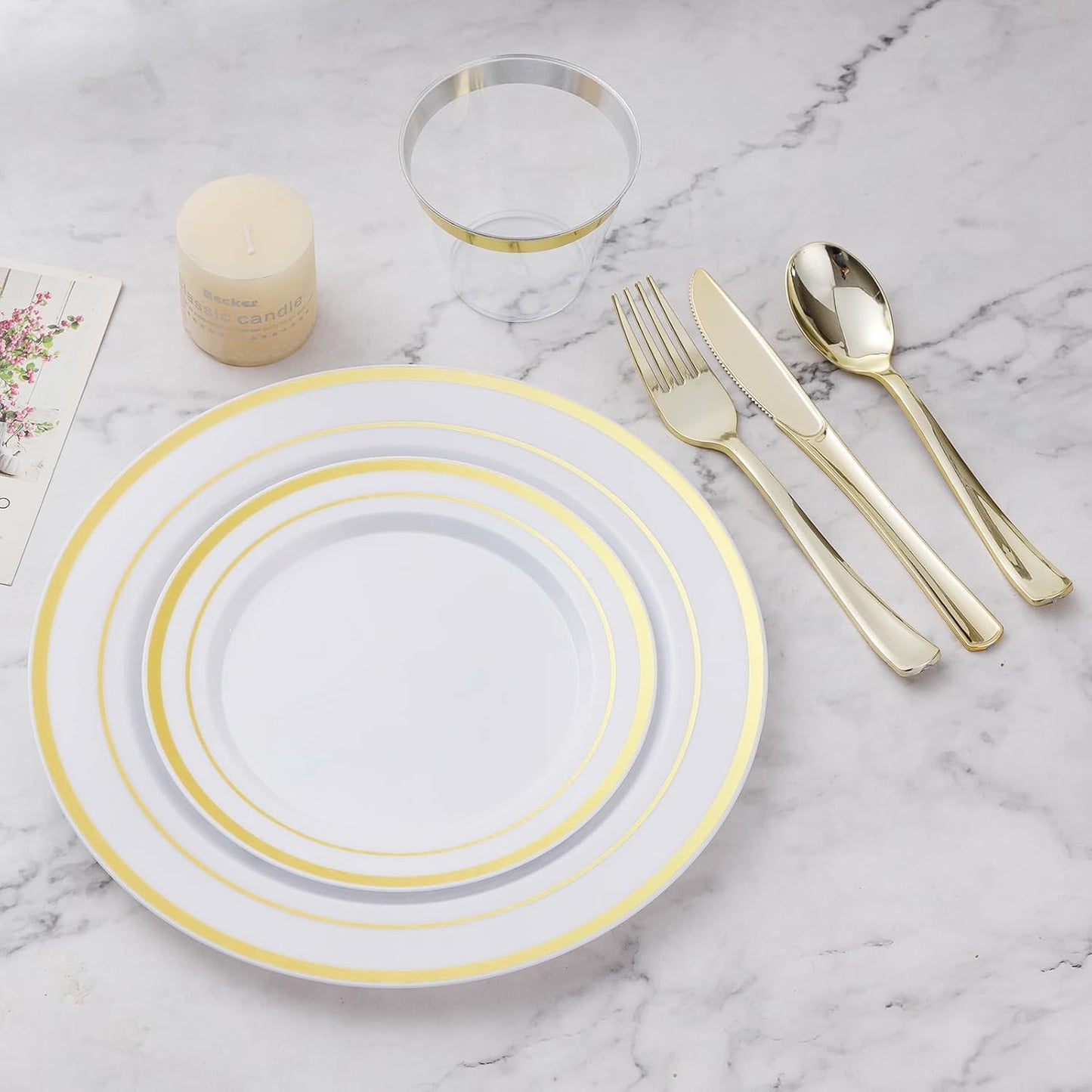 BESTVIP 600PCS Gold Dinnerware Set for 100 Guests, Plastic Plates for Party, 100 Gold Disposable Plates, 100 Dessert Plates, 100 Cups, 100 Spoons, 100 Forks and 100 Knives