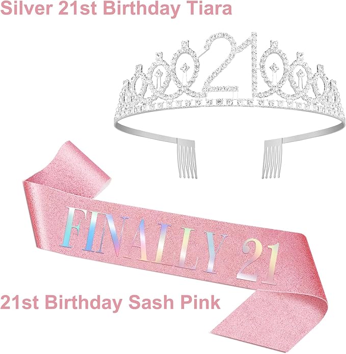 21st Birthday Decorations for Her with Pink 21st Birthday Sash and 21 Crown Silver, Candles Silver, Gifts for 21 Year Old Girls