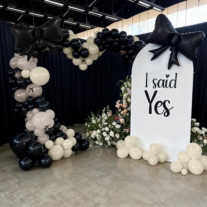Black Bow Balloon Arch, Black White Coquette Birthday Decorations, Double Stuffed Pearl Sand White Ivory Black Balloon Garland with Foil Bow Balloons for Engagement Wedding Bridal Shower Bachelorette