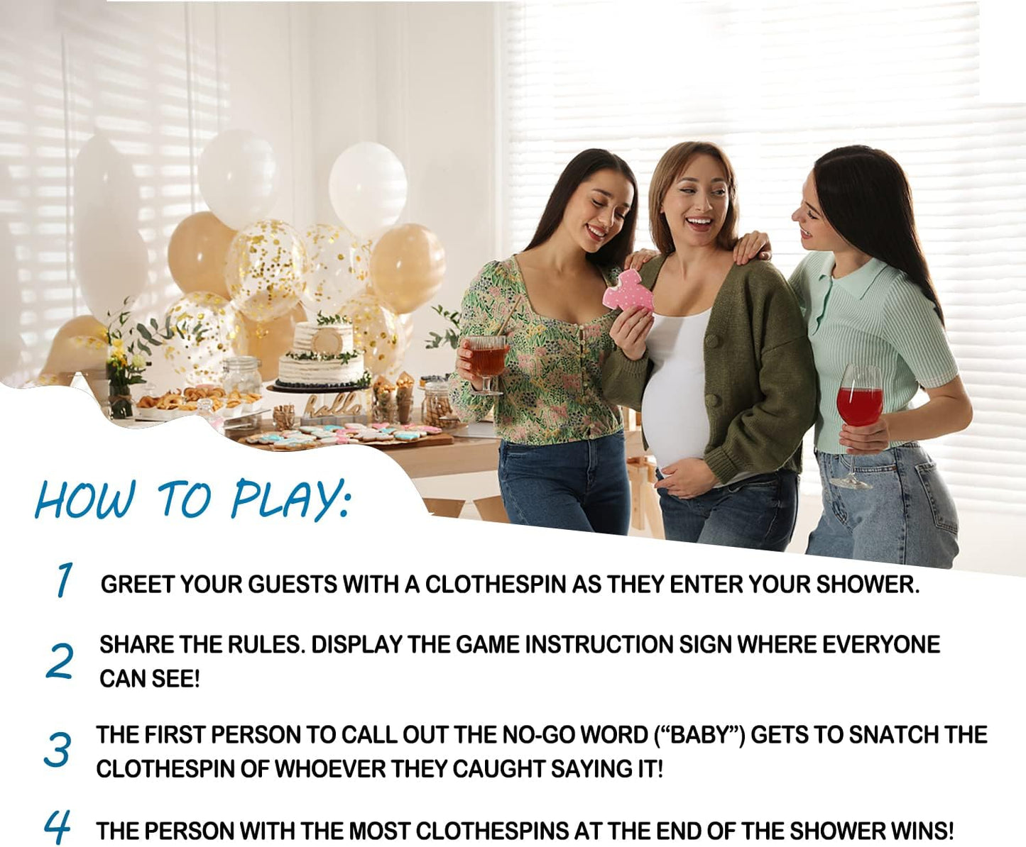QOFO Don't Say Baby Clothespin Games, Blue Balloon Baby Shower Game (Pack of 1 Sign and 50 Mini Clothespins), Baby Shower Decorations, Gender Neutral Party Favors - 31