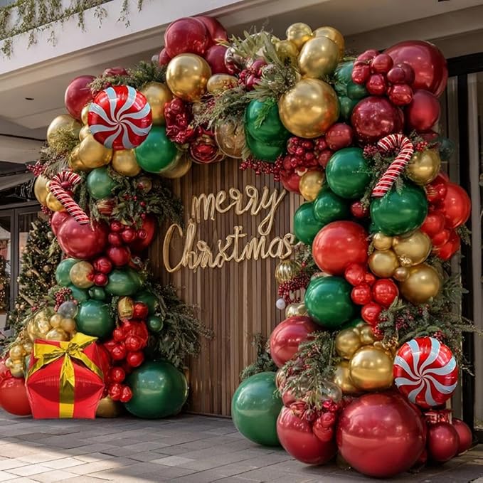 Christmas Balloon Garland, Double Stuffed Dark Emerald Green Red Balloons Burgundy Gold Balloon Garland Kit for Christmas New Year Holiday Birthday Baby Shower Xmas Party Decorations