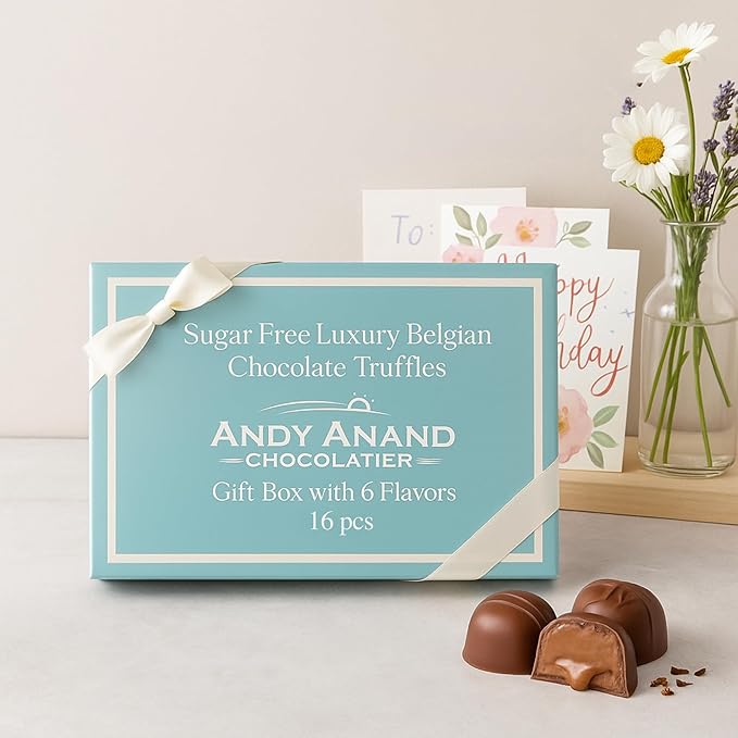 Andy Anand Chocolatier Sugar Free Belgian Dark Chocolate Truffles - Gluten Free & Diabetic-Friendly Chocolate Truffles Gift Box, Assorted Flavors Belgian Truffles With Guilt-Free Indulgence (15 Pcs)