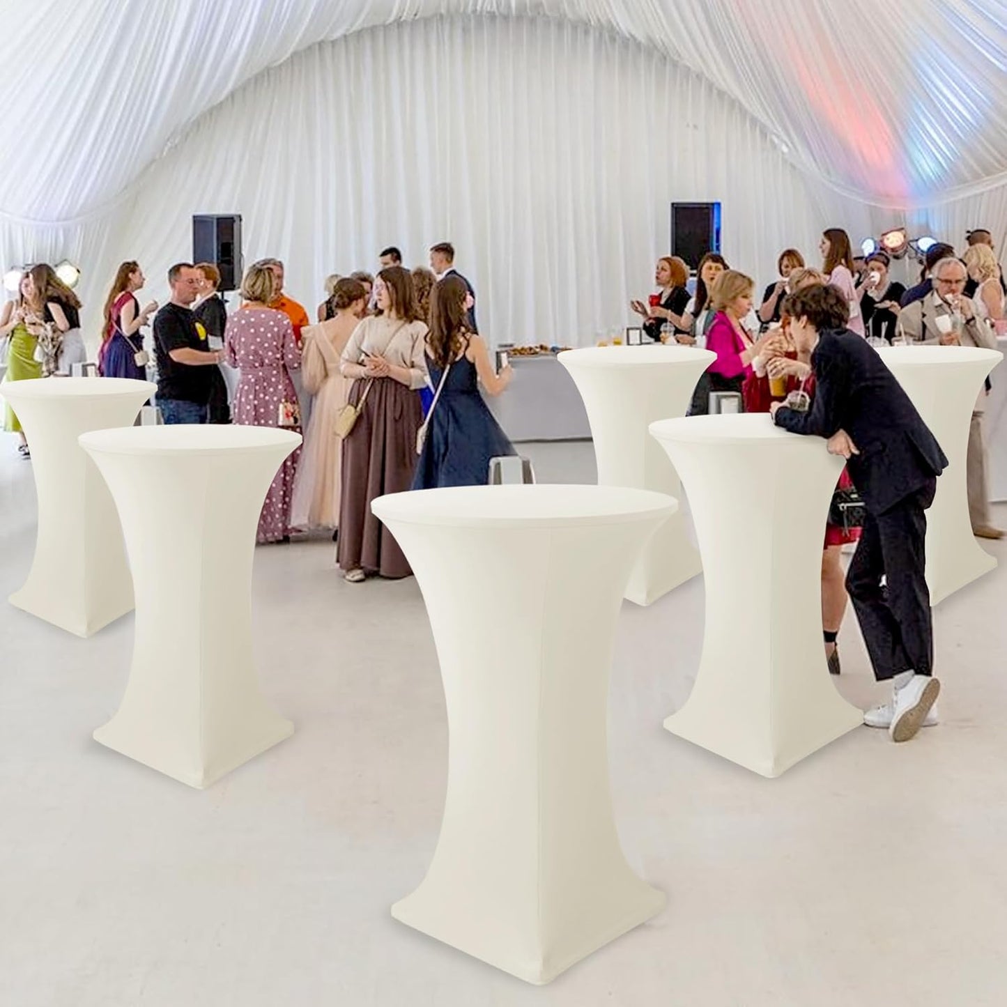 Cocktail Table Covers-Spandex Round High Top Table Cloths 8 Pack 32x43 Inch-Cream Stretch Fitted Bar Tall Tablecloth for Pub Bistro Highboy Party Event Banquet Height Folding Satnding Tables