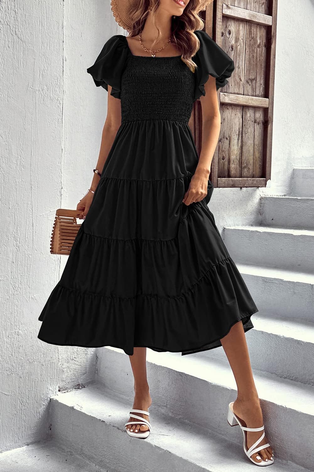 PRETTYGARDEN Women's Casual Summer Midi Dress Puffy Short Sleeve Square Neck Smocked Tiered Ruffle Dresses