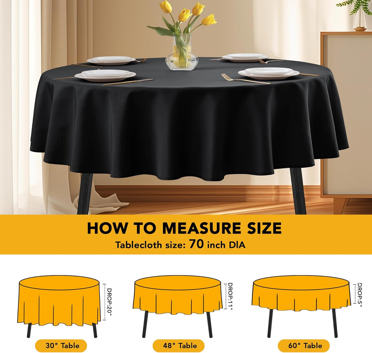 10-Pack Black Round Tablecloths, 70 Inches, Stain-Resistant Polyester for 3-4 Ft Round Tables - Washable Table Covers for Weddings, Banquets, Birthday Parties, Events