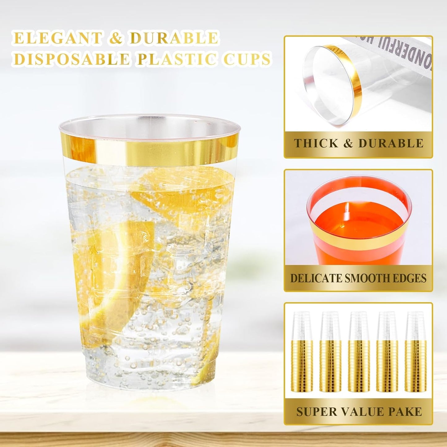 Ciaell 120PCS Gold Plastic Cups - 12Oz Heavy Duty Plastic Cup - Disposable Gold Rimmed Cups - Premium Gold Rim Cup Perfect for Wedding & Party & Thanksgiving