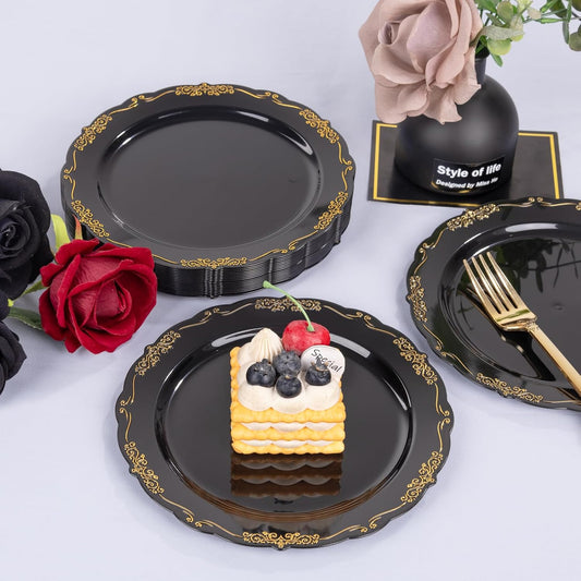 DaYammi 60PCS Black and Gold Plastic Plates, Heavy Duty Black and Gold Disposable Plates Premium 7.5 inch Black Dessert Cake Salad Appetizer Plates Hard Plastic Plates Disposable for Halloween Party