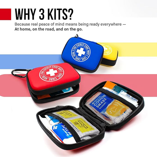 Mini-Aid First Aid Kit | Compact & Lightweight Case with Carabiners for Travel | Family & Kid Friendly 180 Pcs Wound Care Supplies for School, Work, Outdoor, Home & Office | Pack of 3