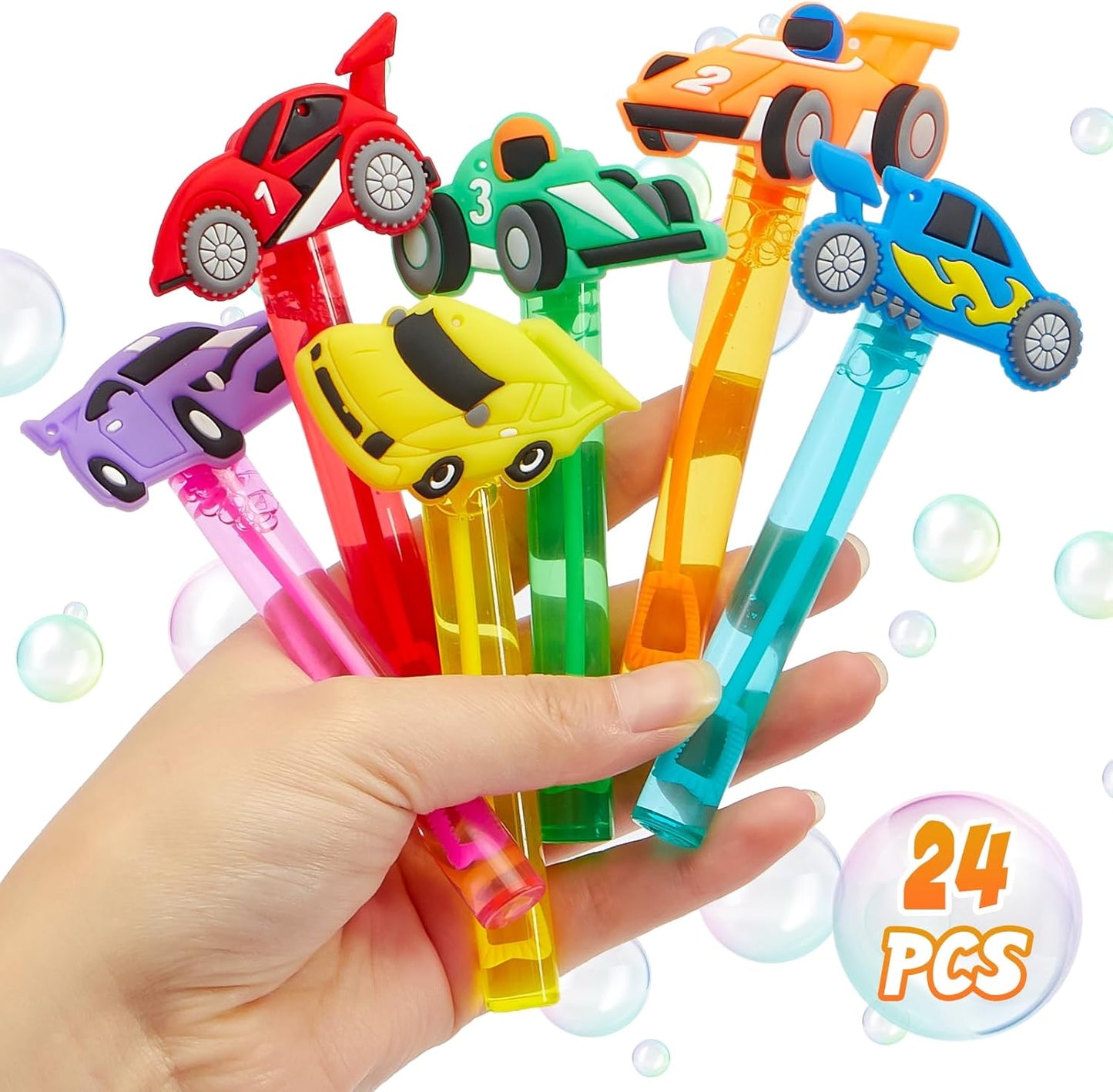 Winrayk Race Car Party Favors, 24Pcs Cars Themed Mini Bubble Wands for Kids Bubbles Bulk with Detachable Topper (6 Styles & Colors), Summer Pool Beach Birthday Supply Goody Bag Stuffer Classroom Prize