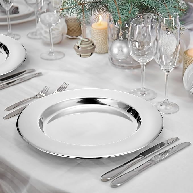 Vesici 50 Pcs Silver Stainless Steel Charger Plates 13 Inch Round Metal Charger Plates Bulk Mirror Elegant Charger Luxury Table Decor for Wedding Dinner Party