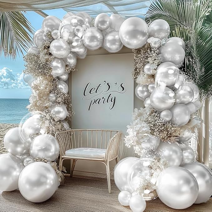 Silver Balloon Arch Kit Double Stuffed Pearl Metallic Silver Balloon Garland Different Size With Clear Balloons for Birthday Valentines Day Engagement Wedding Bridal Baby Shower Graduation Party Decor