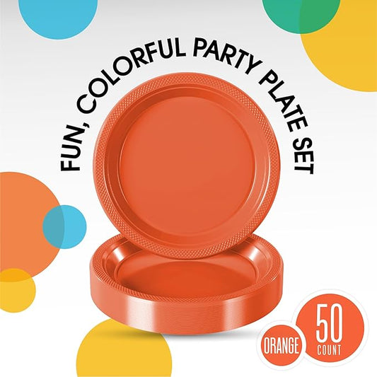 Exquisite Party Solids Orange Plastic Plates For Party Supplies 10" Orange Disposable Plates Heavy Duty 50 Pcs Plastic Dinnerware Sets Heavy Duty 350 GSM Disposable Dinnerware Set