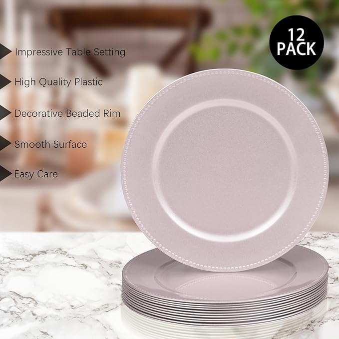 MAONAME 13" Pink Charger Plates, Plastic Charger Plates with Beaded, Round Chargers for Dinner Plates, Plate Chargers for Wedding, Table Decor, Set of 12
