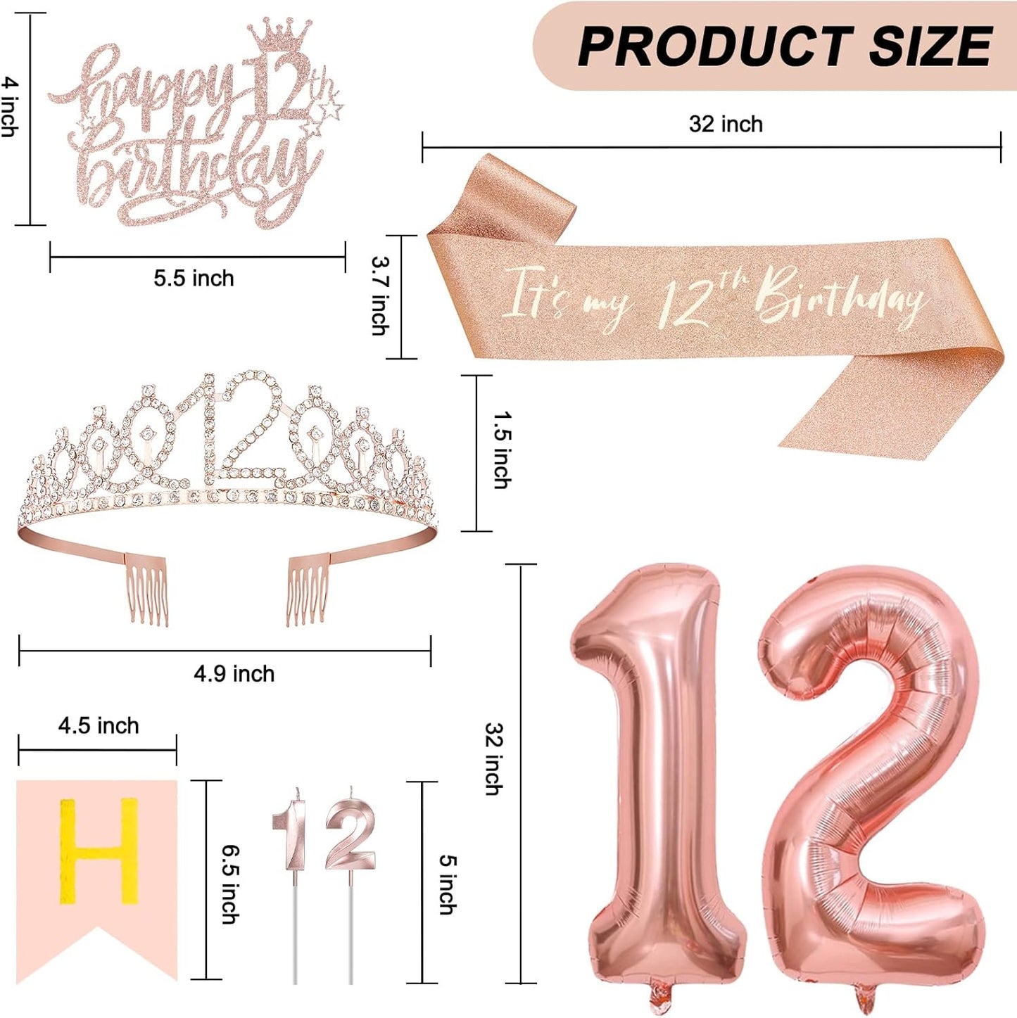 12th Birthday Decorations for Girls, Including 12th Tiara and Sash, Happy Birthday Banner, Cake Toppers, Number Candles and Balloons Set, Rose Gold