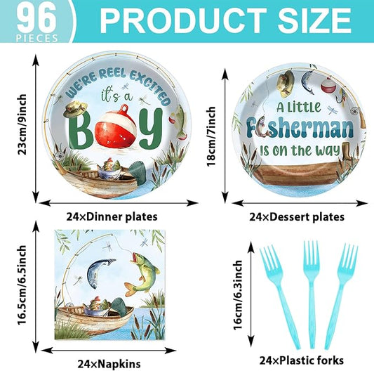 96Pcs A Little Fisherman Is On The Way Plates and Napkins Baby Shower Party Decorations Gone Fishing Dessert Disposable Plates It's A Boy Tableware Set for 24 Guests Baby Boy Birthday Party Supplies