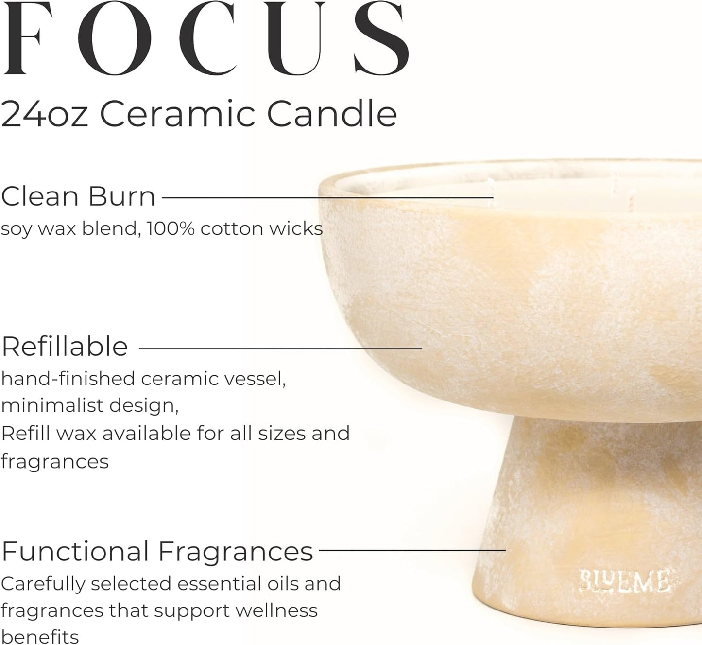 BLUEME Focus - Eucalyptus & Lime, Luxury Candle w/Essential Oils, 5 Wick, Hand-Poured Soy, Cotton Wick, Ceramic