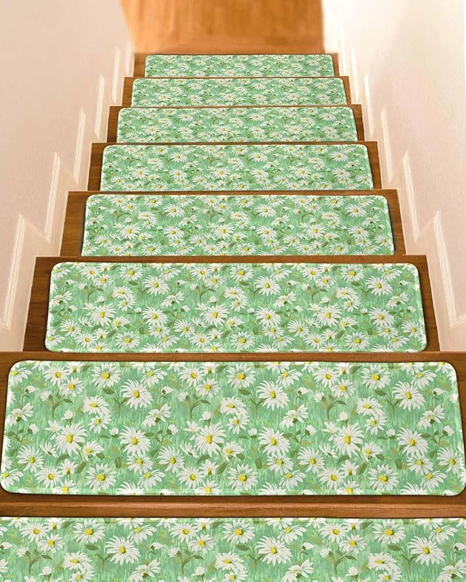 Spring Flowers Stair Treads Non Slip for Wooden Steps Watercolors White Daisy Green Field Botanical Stair Runner Carpet Reusable Adhesive Staircase Rugs for Dogs, Elders and Pets, 8x30 Inch, 7PCS