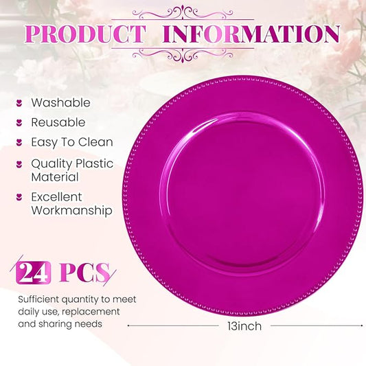 24 Pcs Hot Pink Charger Plates, 13" Round Beaded Decorative Dinner Chargers for Wedding, Holiday, Baby Shower & Event Decoration