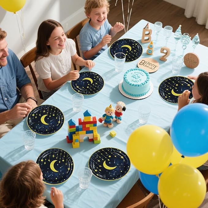 Grencian Gold Star Moon Party Supplies - 96Pcs Moon and Stars Party Supplies Plates and Napkins Navy Blue Celestial Hanging Crescent Disposable Tableware for Celestial Birthday Decorations Serve 24