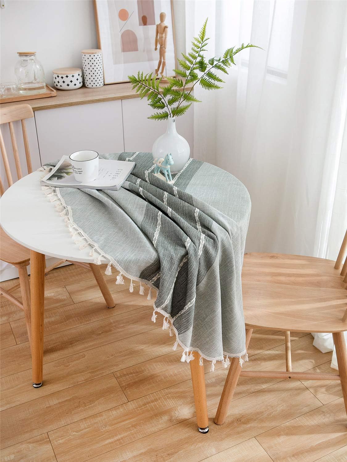 Heavy Weight Cotton Linen Tablecloth - Round 60 Inch Tablecloth - Tassel Stitching Table Cover for Kitchen Dining Room Tabletop Decoration - Gray