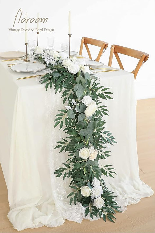 Floroom 6ft Artificial Eucalyptus Garland with Flowers Fake Greenery Faux Floral Vine Garland for Table Decor Wedding Centerpieces Bridal Shower Party Decorations, Ivory White