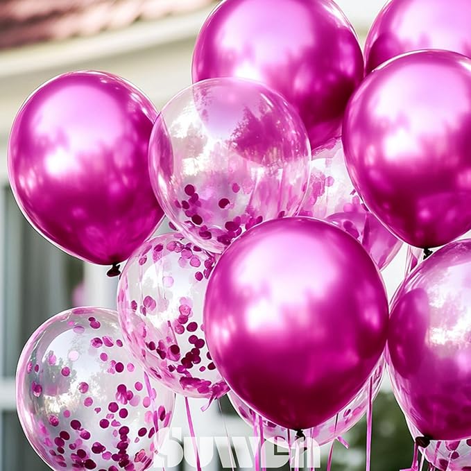 SUWEN Metallic Hot Pink Balloons and Confetti Balloons Set 47PCS Latex Helium Chrome Magenta Balloon for Birthday Valentine Anniversary Party Decorations