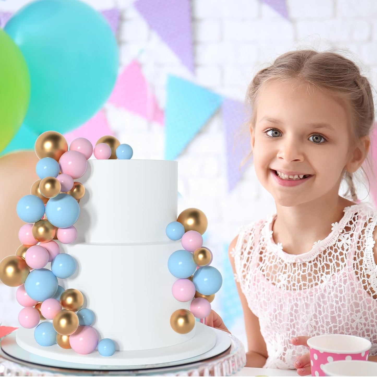 138 Pcs Balls Cake Topper Decorations Balloon Cupcake Toppers Foam Multisize Cake Topper Balls for Birthday Party Wedding Anniversary (Blue,Pink,Gold)