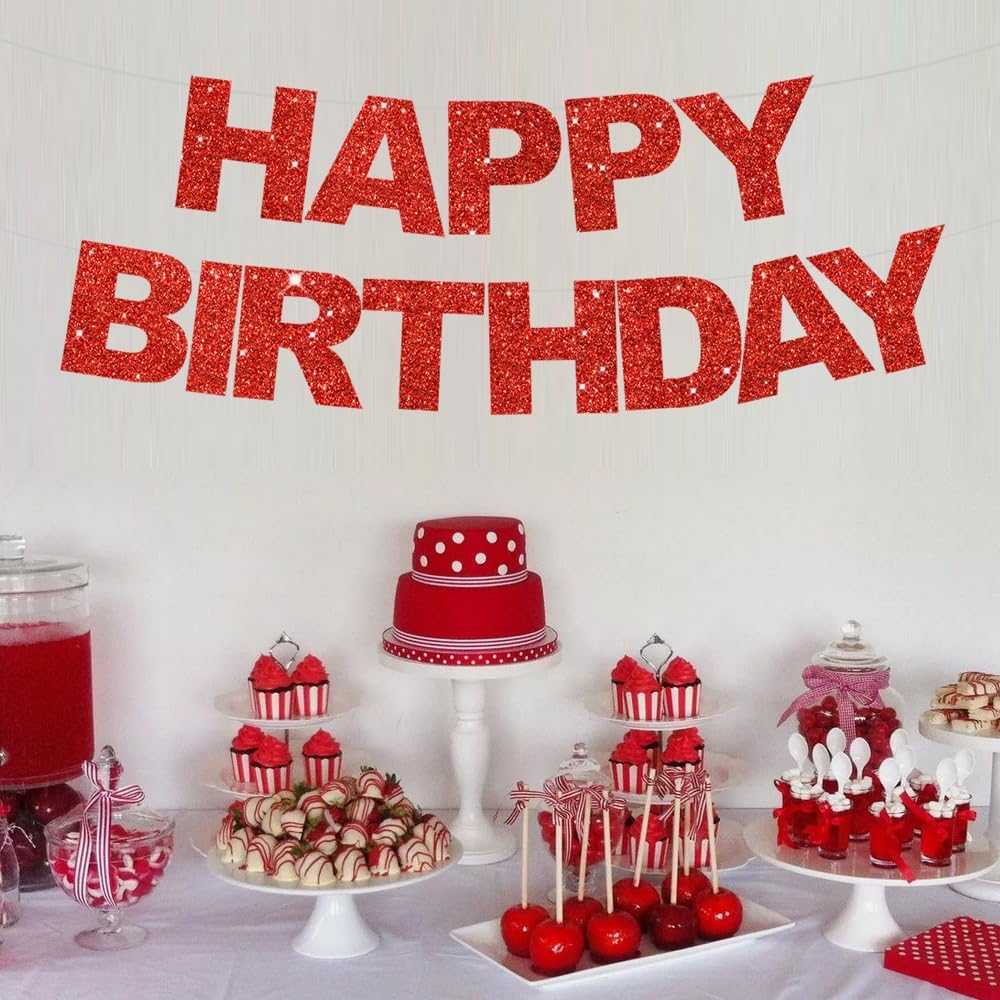 BEISHIDA Red Happy Birthday Banner - Pre-Strung, No DIY, Birthday Sign - Banner for Women, Kids Decor, Backdrop