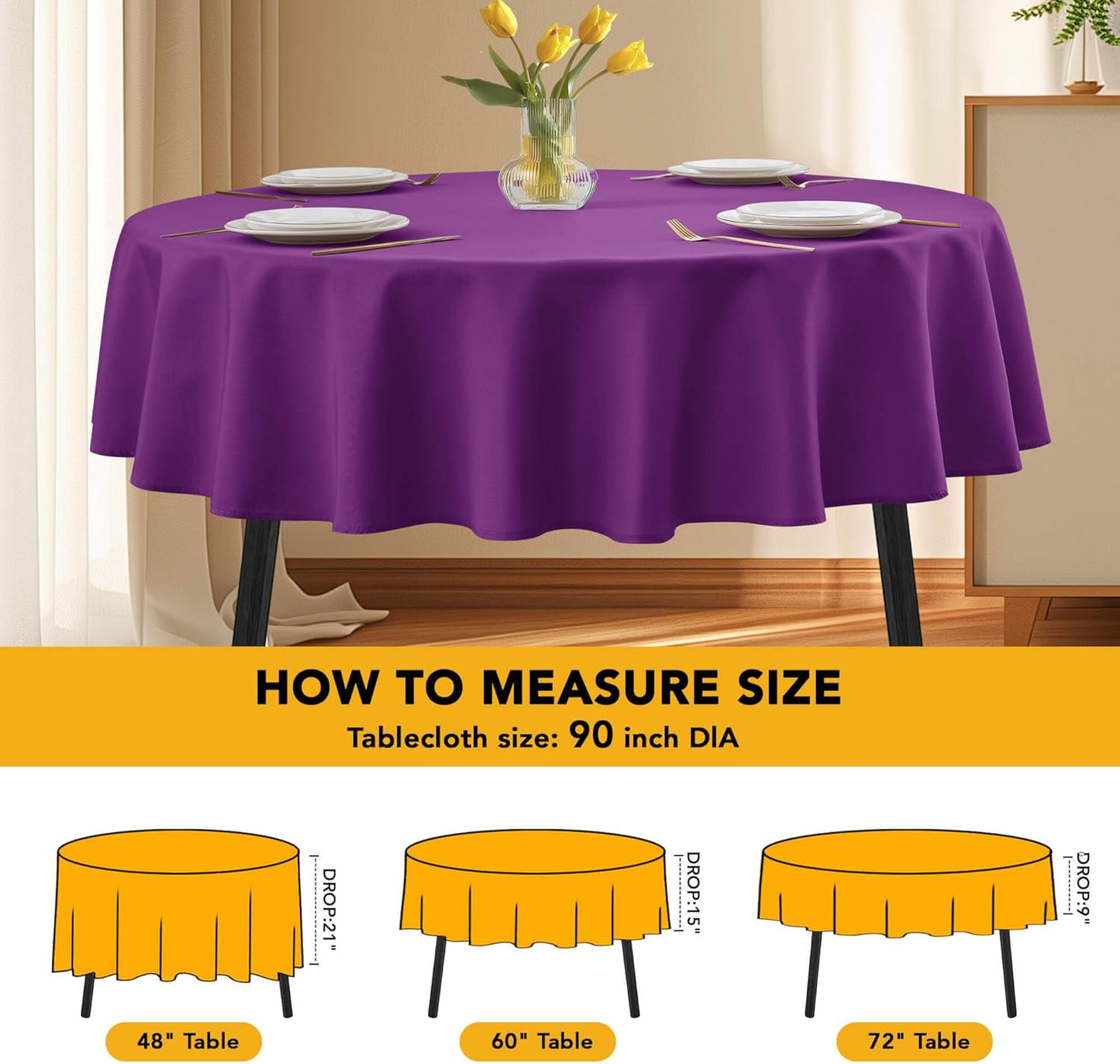 10-Pack Purple Round Tablecloths, 90 Inches, Stain-Resistant Polyester for 4-5 Ft Round Tables - Washable Table Covers for Weddings, Banquets, Birthday Parties, Events